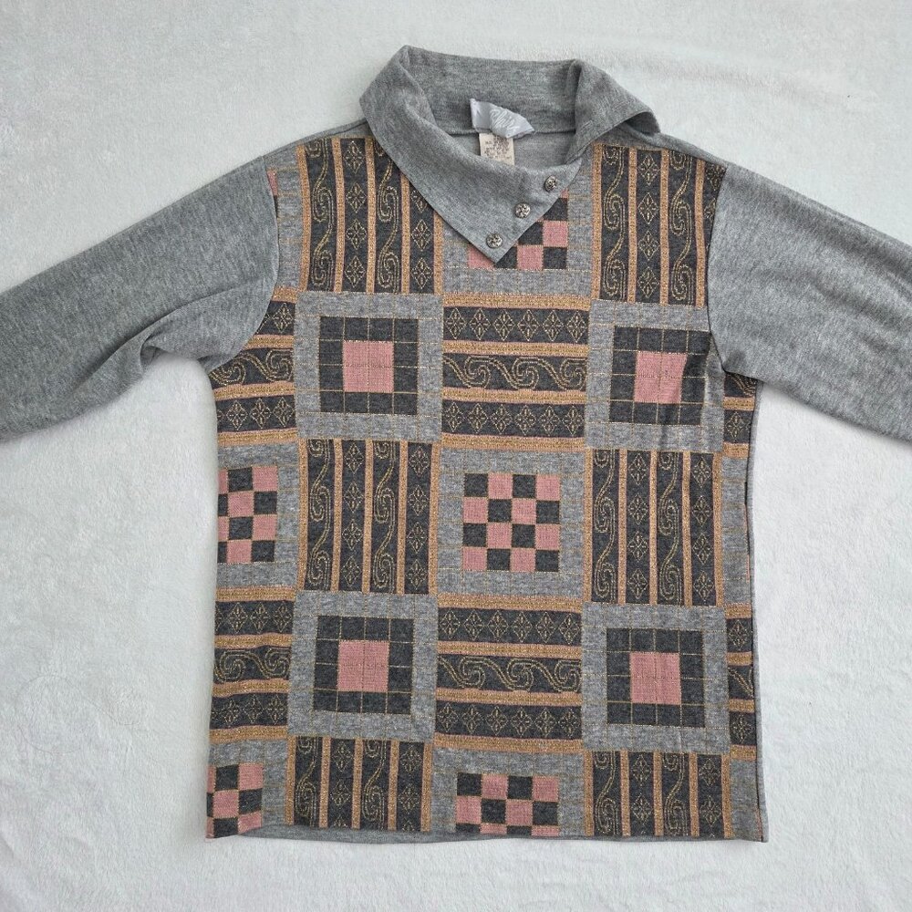 Vtg 90s Patchwork Asymmetrical Pullover Sweater Medium Blair Gray Multi Boho Art - Picture 8 of 11